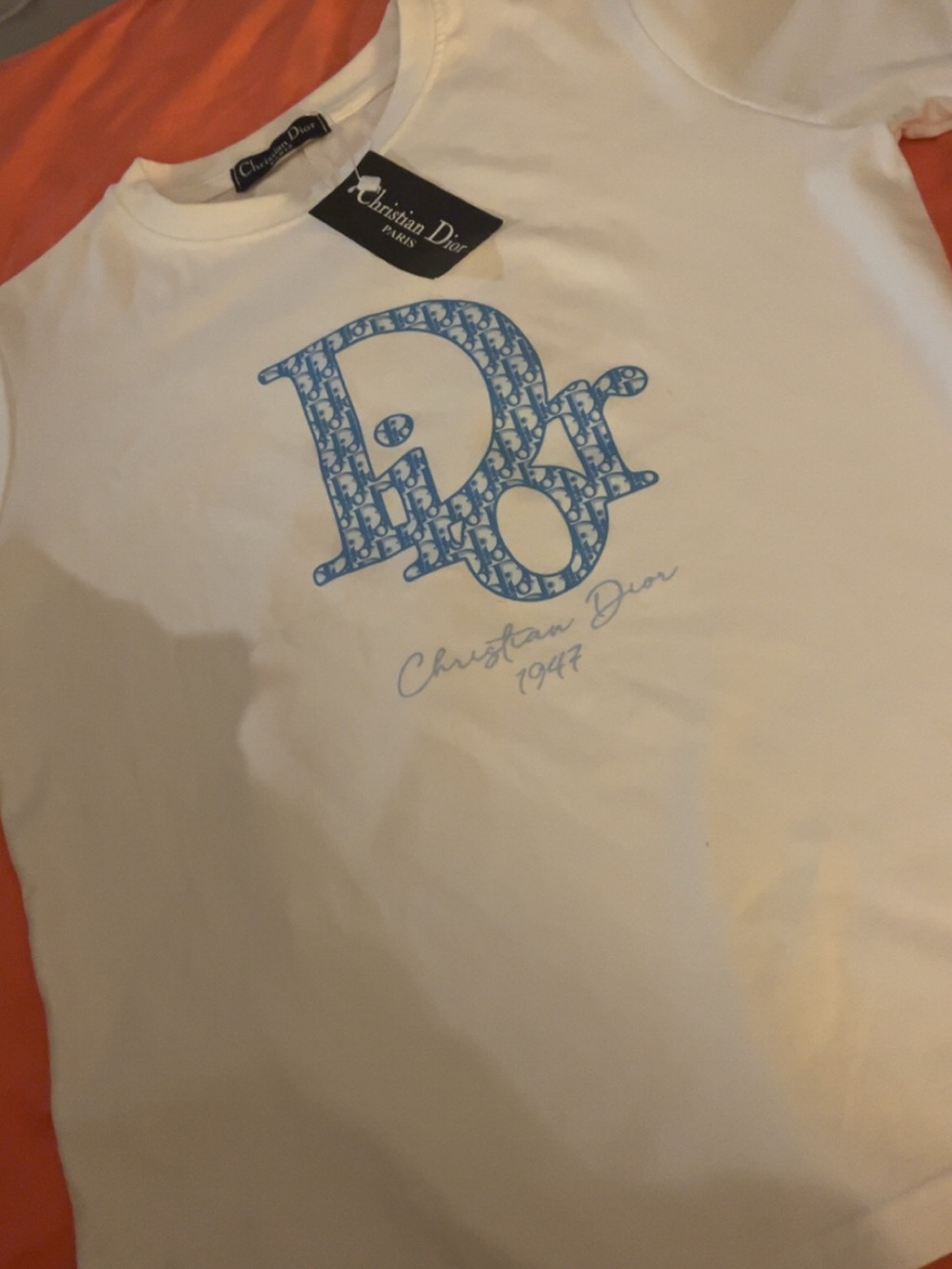 Dior White Tee with Light Blue Monogram D Print